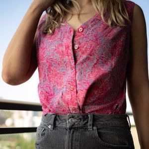 Vintage Boho Hippie Pink Tropical Floral Top